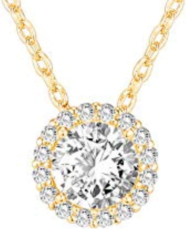 14K Gold Plated Post Faux Diamond Round Solitaire Pendant Halo