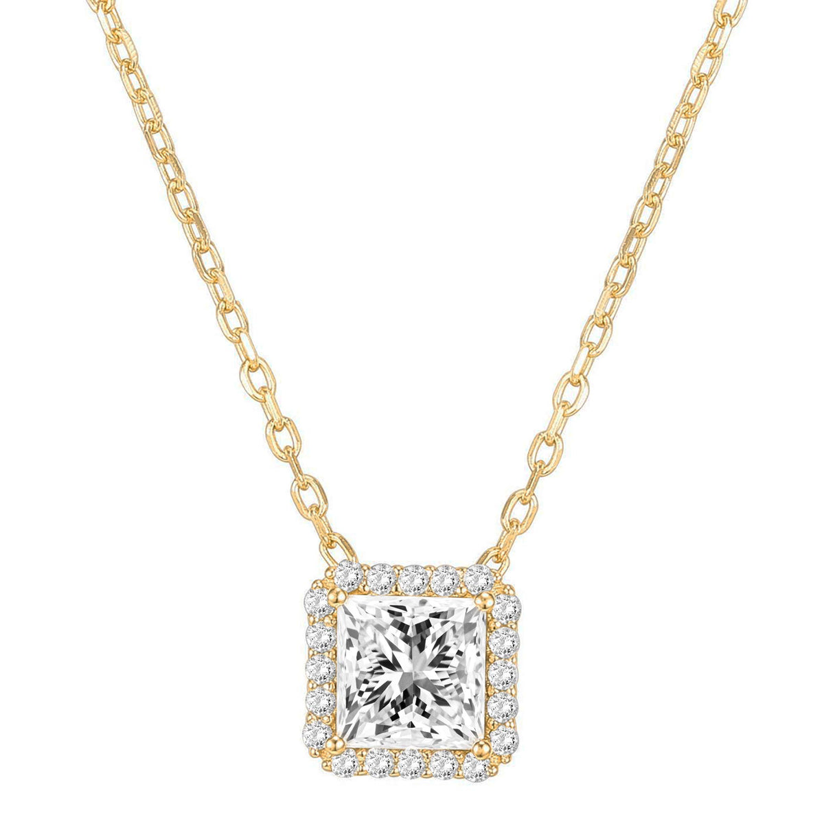 14K Gold Plated Post Faux Diamond Round Solitaire Pendant Halo