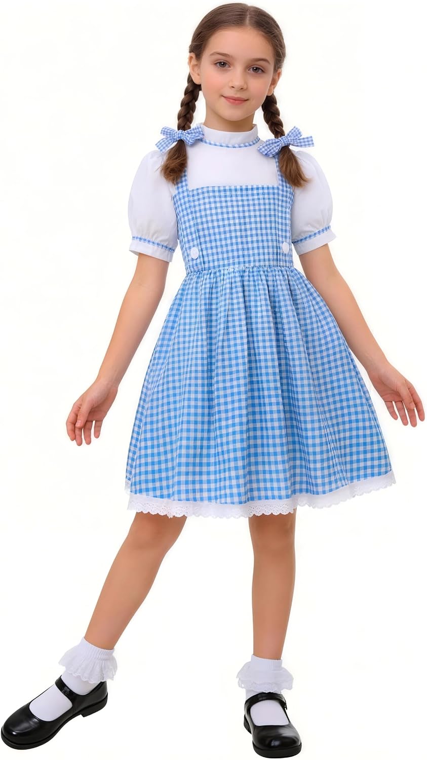 Book Character Costume for Girls Blue Plaid Bubble Sleeve Dress