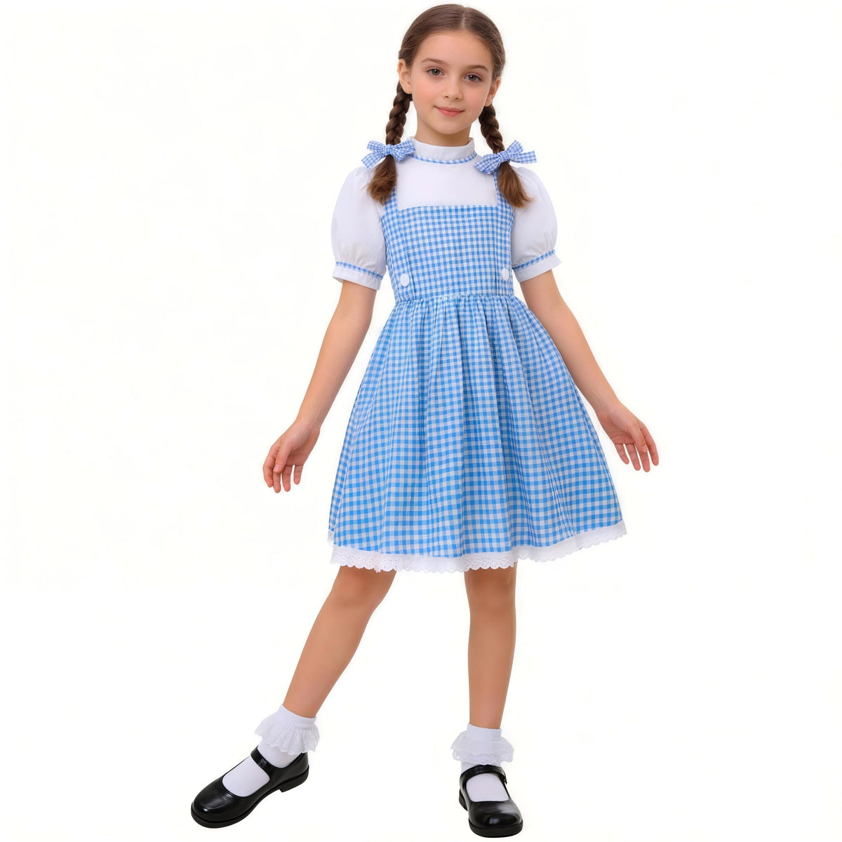 Book Character Costume for Girls Blue Plaid Bubble Sleeve Dress