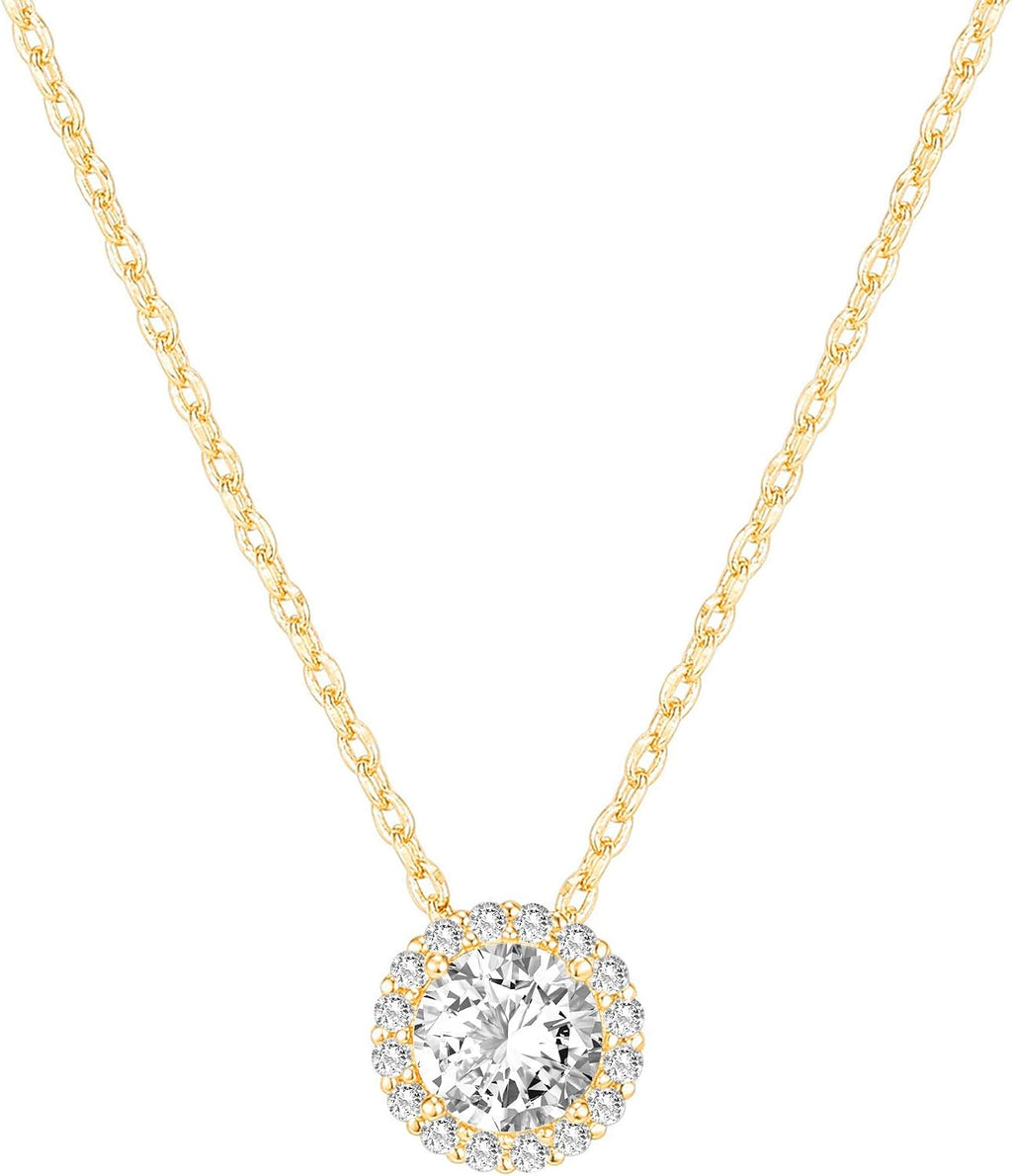 14K Gold Plated Post Faux Diamond Round Solitaire Pendant Halo