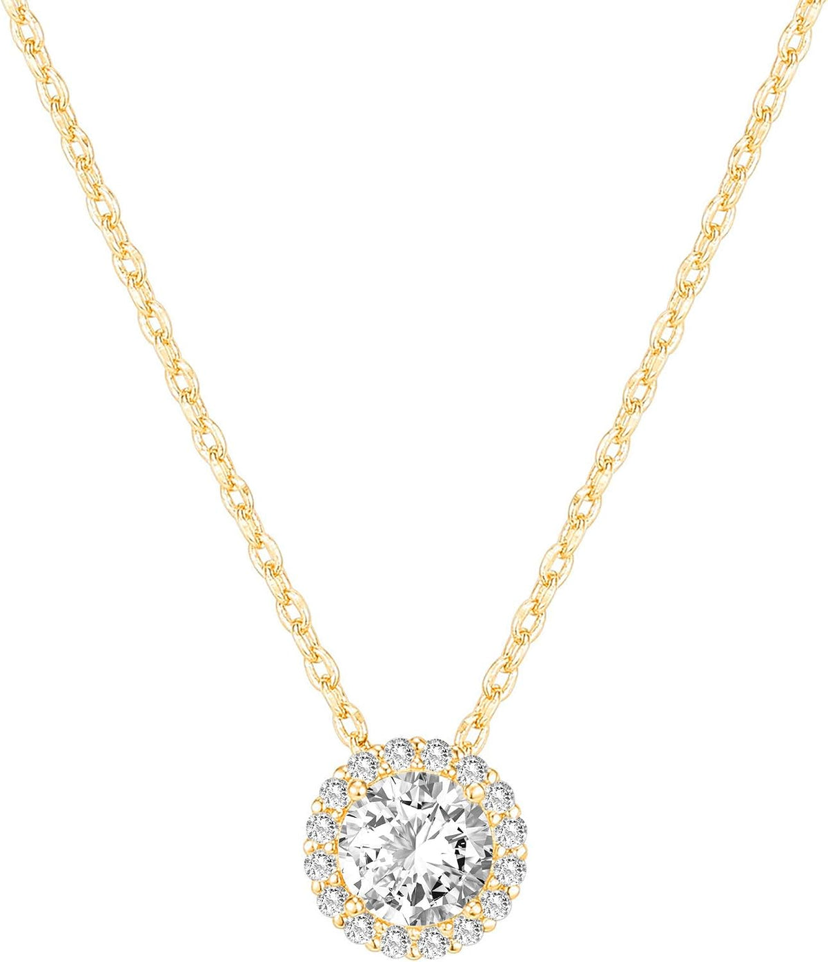 14K Gold Plated Post Faux Diamond Round Solitaire Pendant Halo