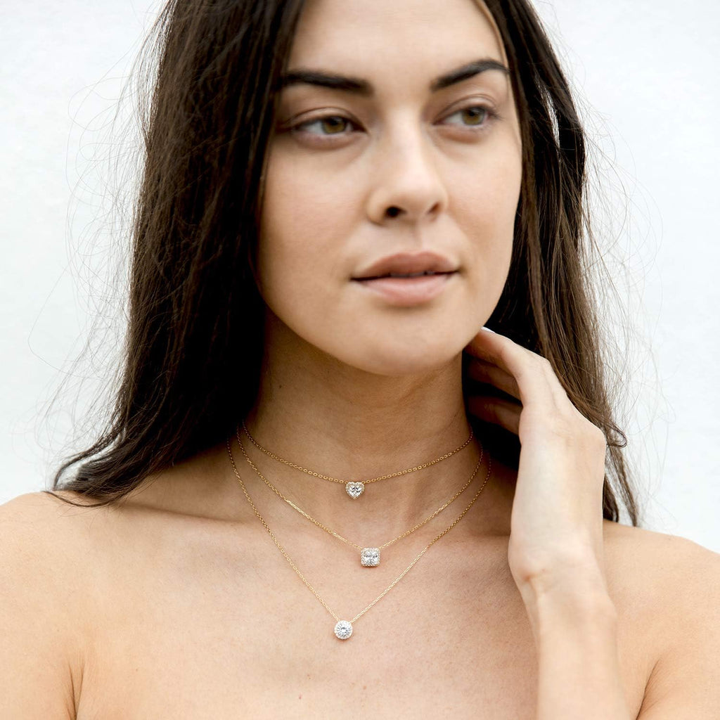 14K Gold Plated Post Faux Diamond Round Solitaire Pendant Halo