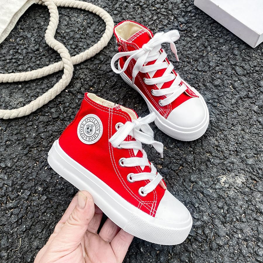 Toddler Boys Girls High‑Top Canvas Sneakers, Lace‑Up Side Zip Shoes