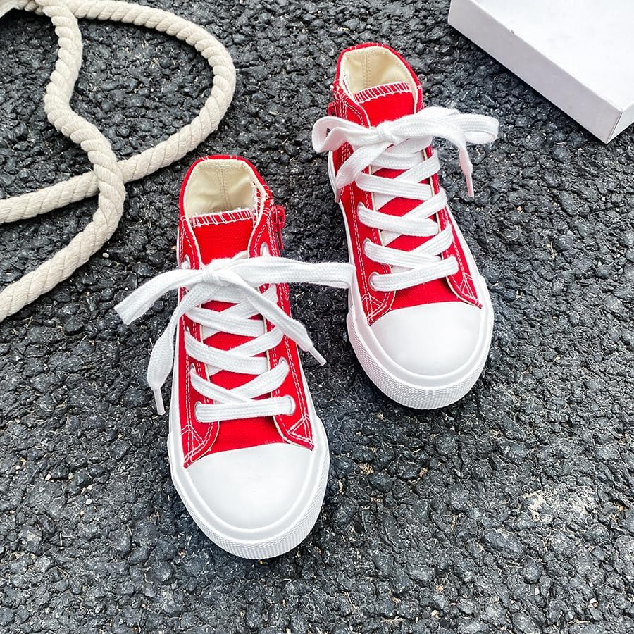 Toddler Boys Girls High‑Top Canvas Sneakers, Lace‑Up Side Zip Shoes