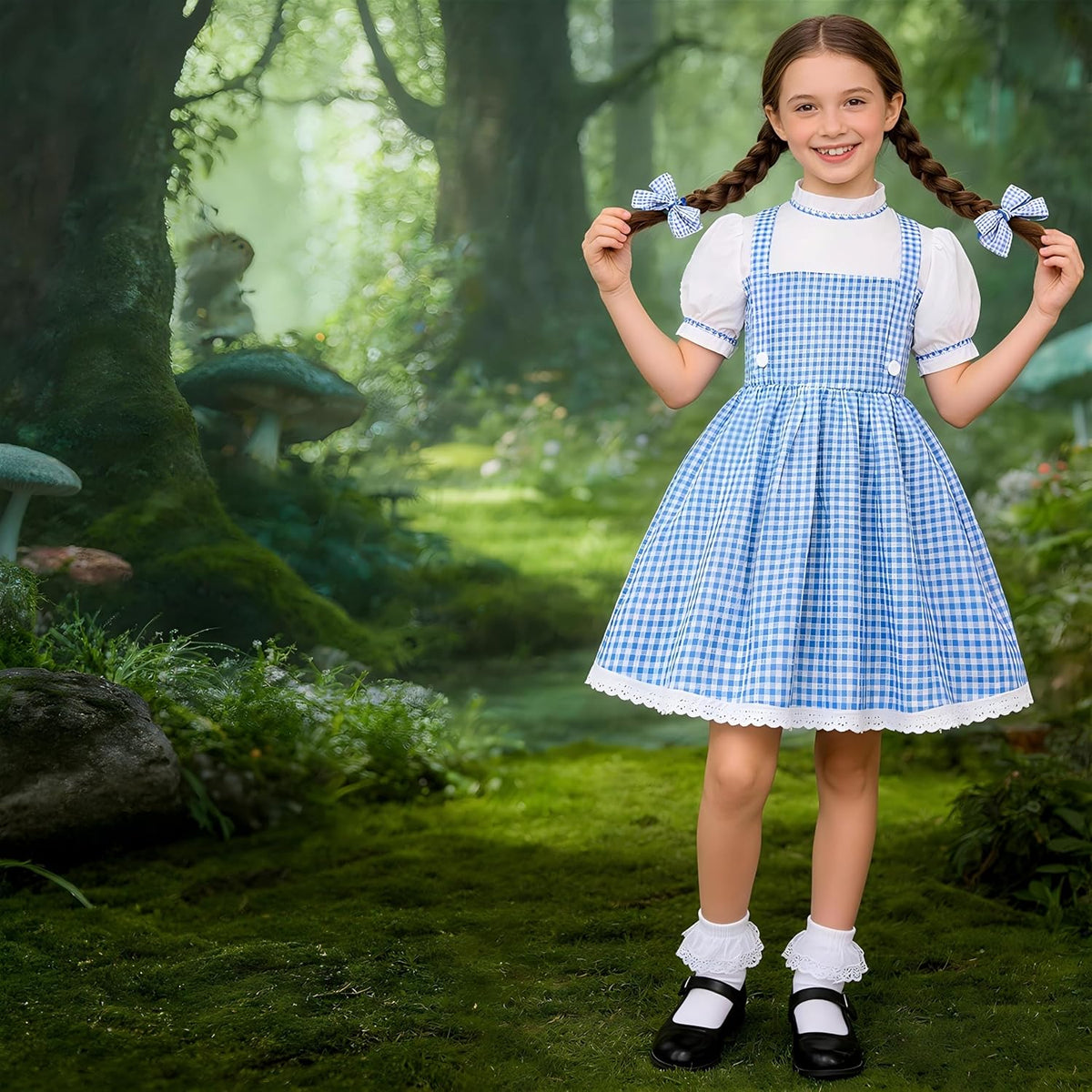 Book Character Costume for Girls Blue Plaid Bubble Sleeve Dress