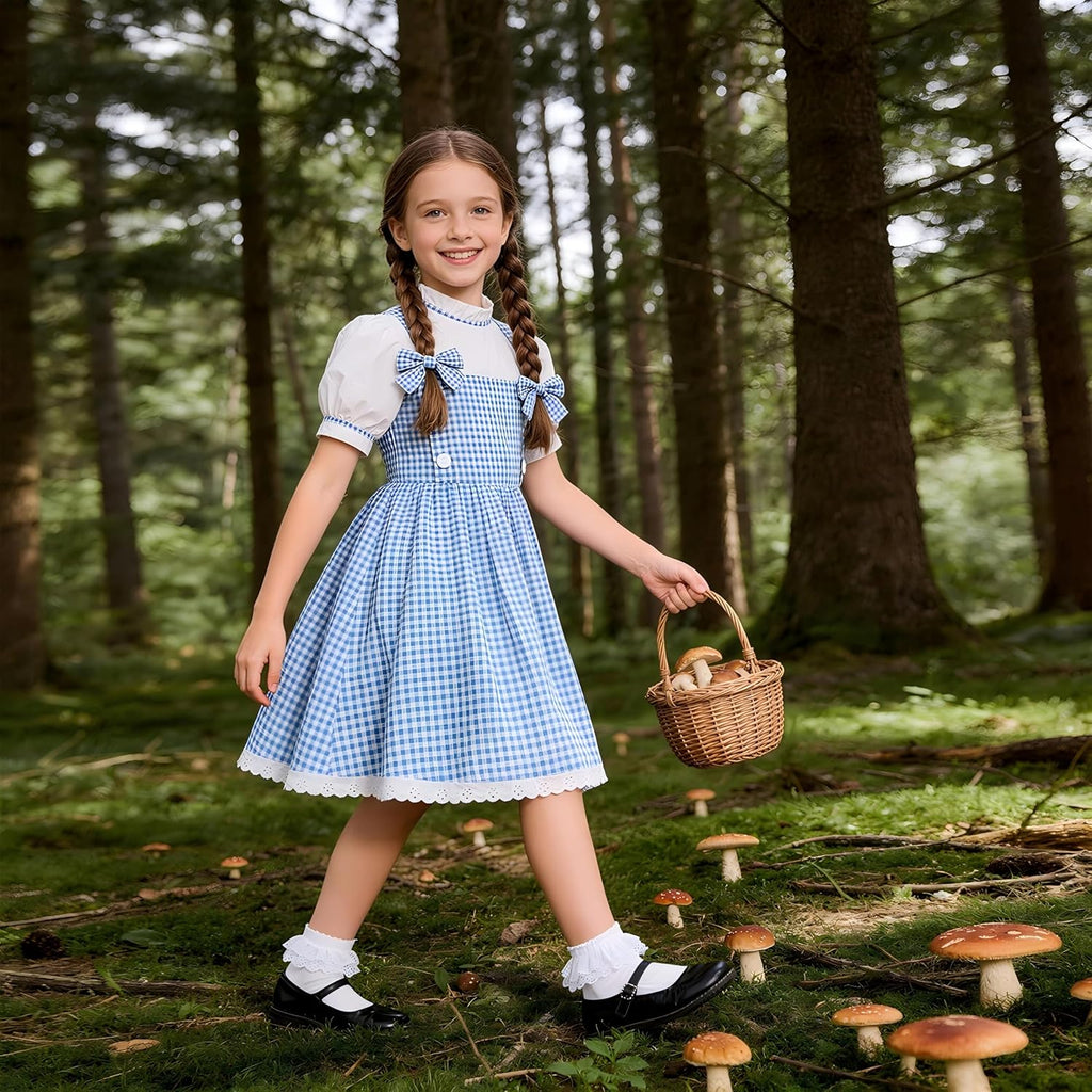 Book Character Costume for Girls Blue Plaid Bubble Sleeve Dress
