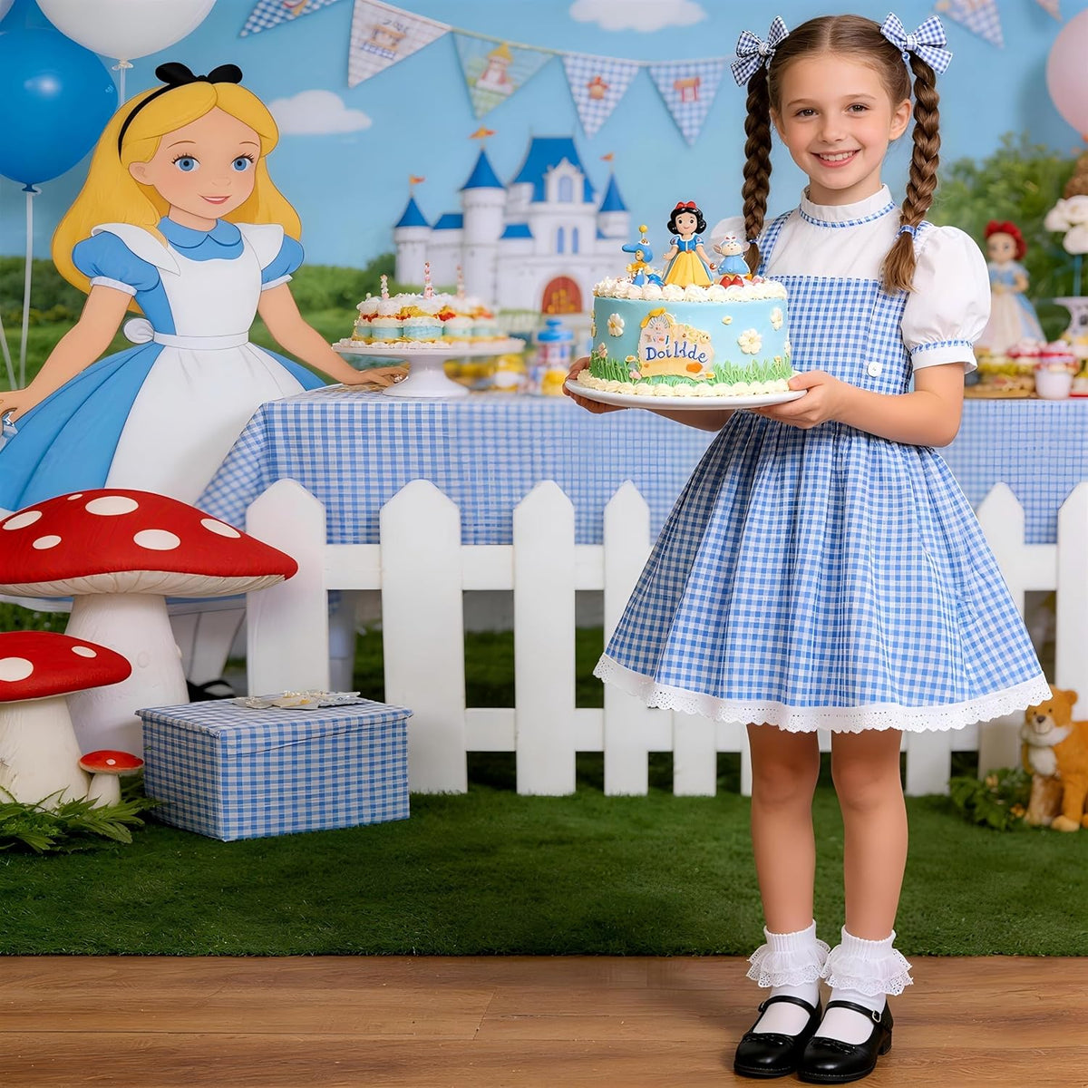 Book Character Costume for Girls Blue Plaid Bubble Sleeve Dress