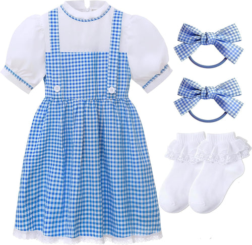 Book Character Costume for Girls Blue Plaid Bubble Sleeve Dress